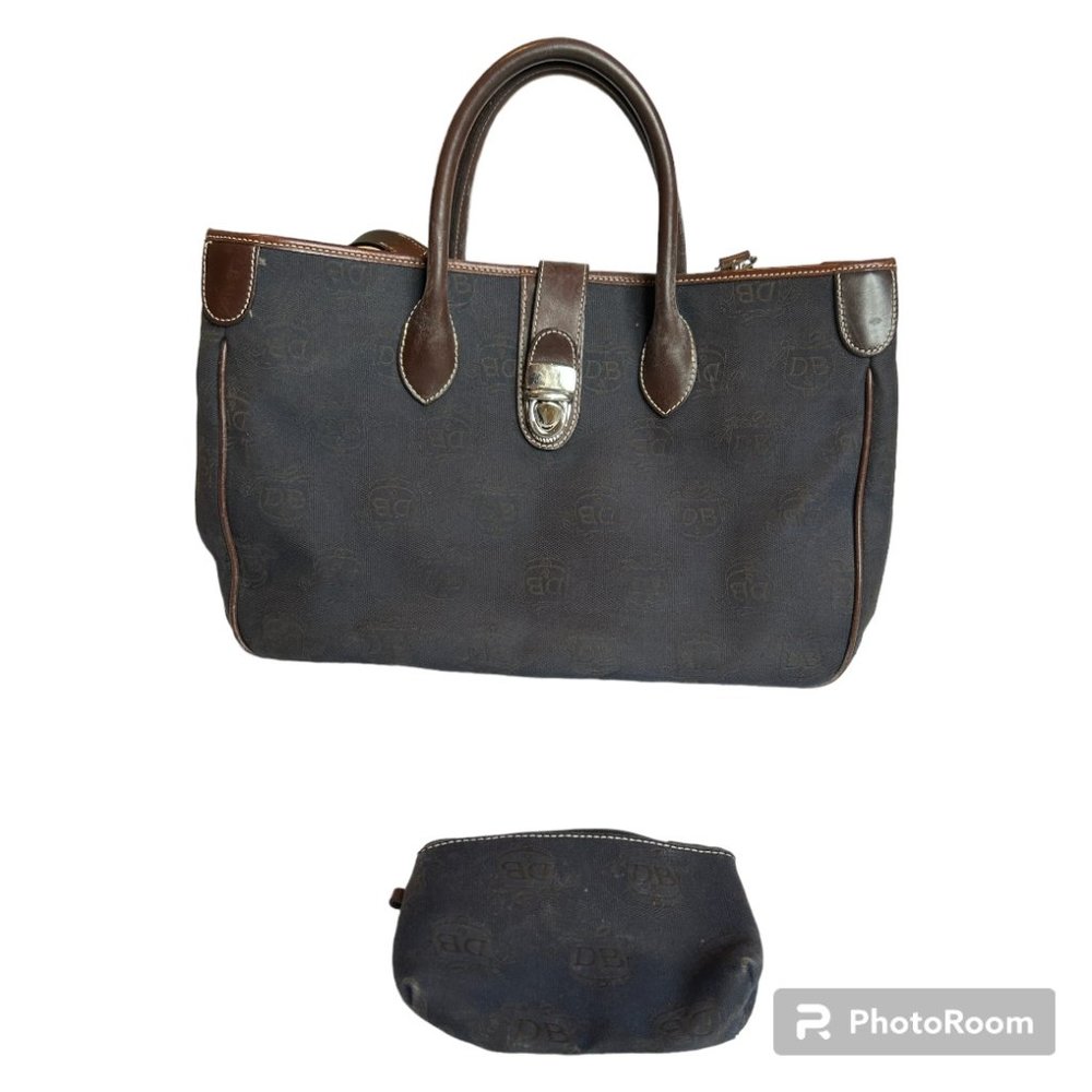 VINTAGE Dooney & Bourke Navy and Brown Leather Tote with Matching Makeup Bag - Picture 1 of 3